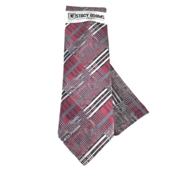 Stacy Adams Tie & Hanky Set Burgundy Silver Charcoal Red Plaid Pattern for Men - Picture 1 of 5